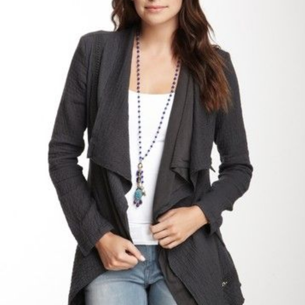 MONORENO Tan Quilted & Chrochet Accented Draped Front Cardigan Size:M